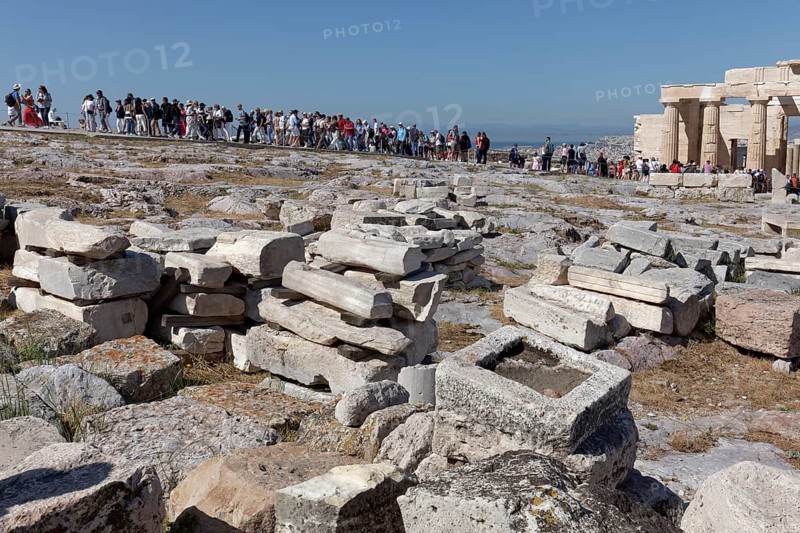 Queue of tourists on the way between Propylaea and Parthenon, in front excavation remains, Acropolis, Athens, Greece, Europe