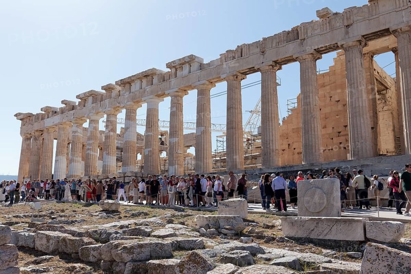 Parthenon north facade, in front of it many tourists, temple with Doric columns, Acropolis, Athens, Greece, Europe