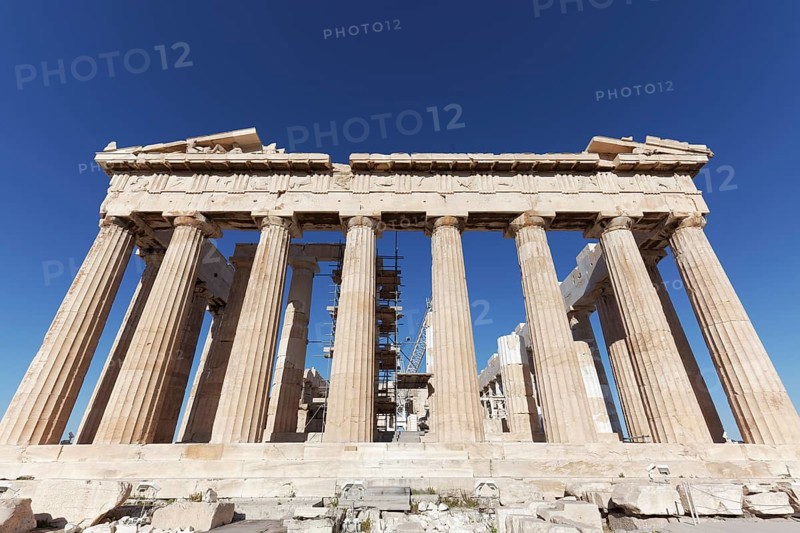 Parthenon east facade, blue sky, temple with Doric columns, Acropolis, Athens, Greece, Europe