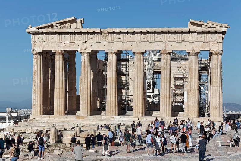 Parthenon Temple, in front of it many tourists, Acropolis, Athens, Greece, Europe