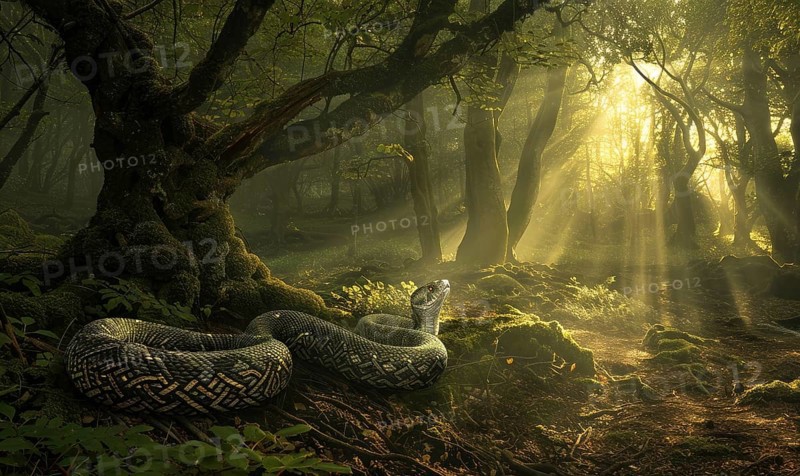 Snake near the old tree in enchanted forest AI generated