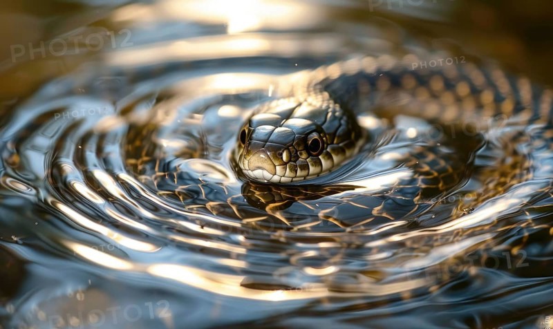 Snake coiling in shallow water, AI generated