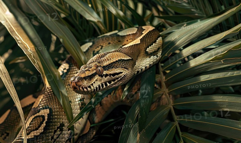 Boa constrictor on palm leaves AI generated