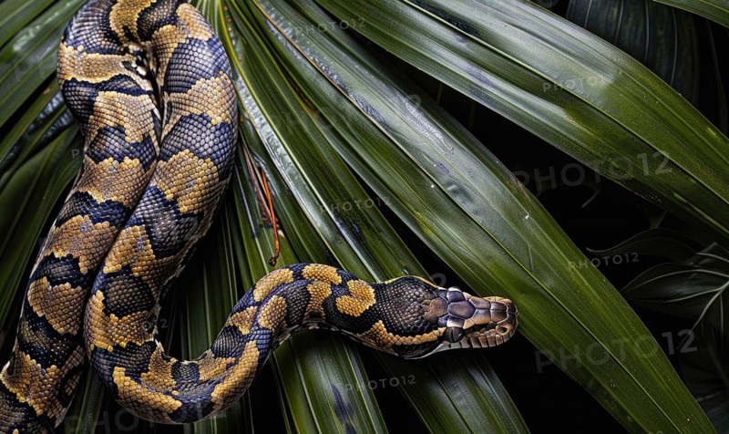 Boa constrictor on palm leaves AI generated