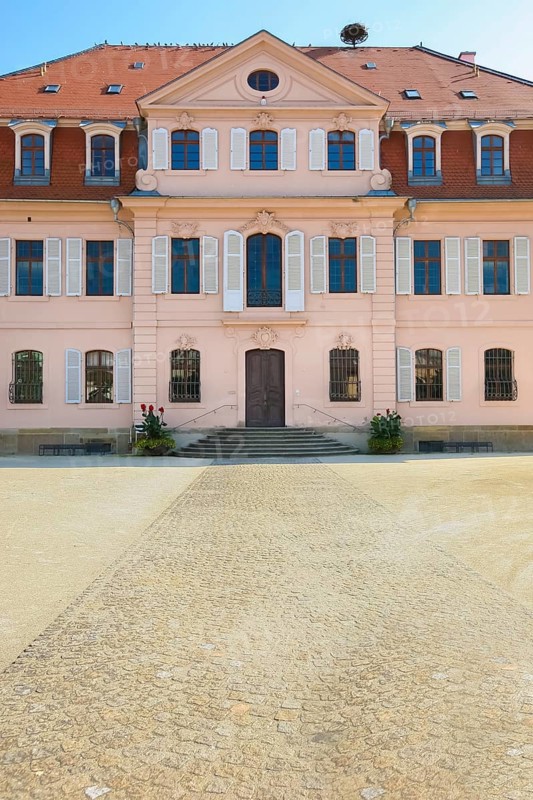 Stadionsche Schloss Bönnigheim, building, architecture, historical building, late baroque style, master builder Anton Haaf, built in 1756 on behalf of Imperial Count Anton Heinrich Friedrich von Stadion, Minister and Chancellor of the Archbishop and Elector of Mainz, country palace, summer residence, windows, white shutters, roof, north side, Bönnigheim, Ludwigsburg district, Baden-Württemberg, Germany, Europe