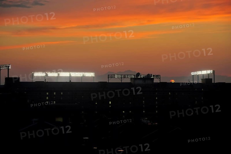 Sunset over Camden Yards, home of Oriole Stadium and the Baltimore Orioles baseball team, Baltimore, Maryland, USA, North America