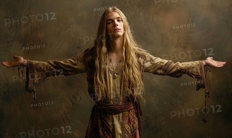 Ethereal portrait of a young man with long blonde hair adorned in ethnic elven clothes against a neutral background AI generated