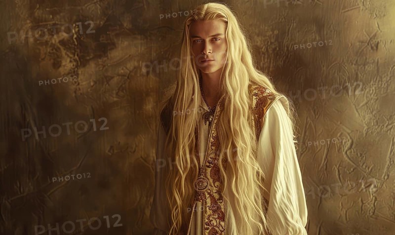 Ethereal portrait of a young man with long blonde hair adorned in ethnic elven clothes against a neutral background AI generated