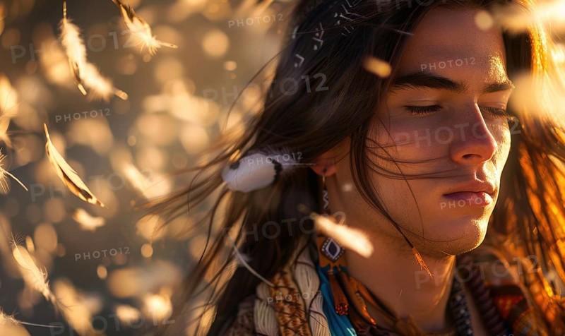 Ethereal portrait of a young man with flowing long hair and clothes decorated with feathers, young shaman portrait AI generated