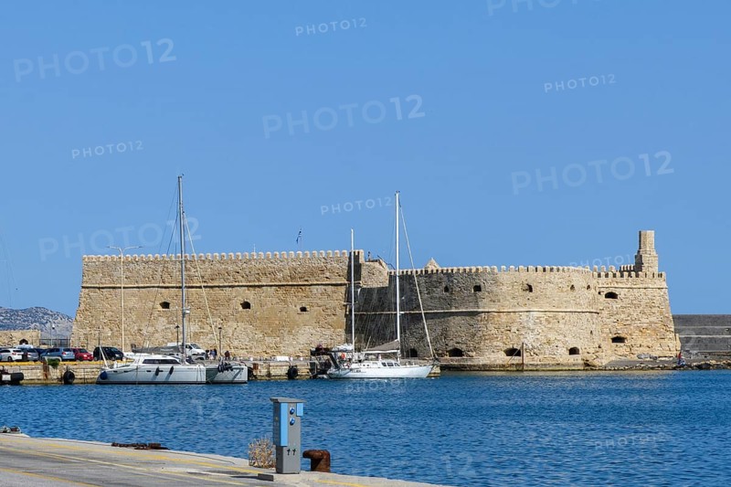 View of fortress built in the Middle Ages 16th century by Republic of Venice old name Castello Rocca al Mare today Koules in harbour of Iraklion, Heraklion, Crete, Greece, Europe