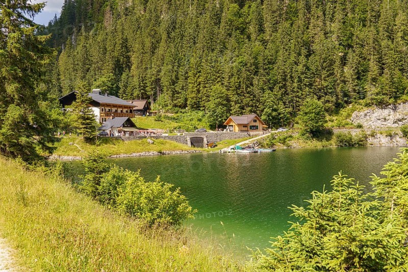 A small lake with surrounding houses and forest, nestled in a peaceful and relaxing mountain landscape, Gosau, Austria, Europe