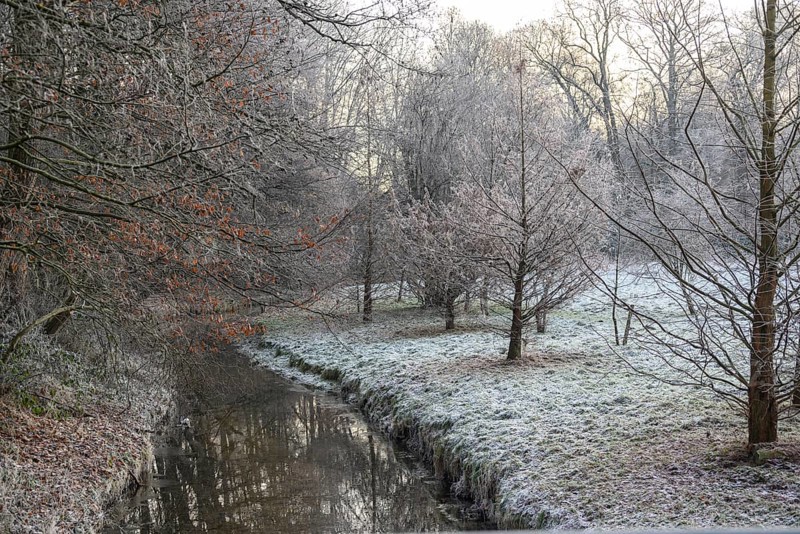 A wintry stream flows through a snowy landscape with bare trees and frosty grass, Velen, North Rhine-Westphalia, GERMANY