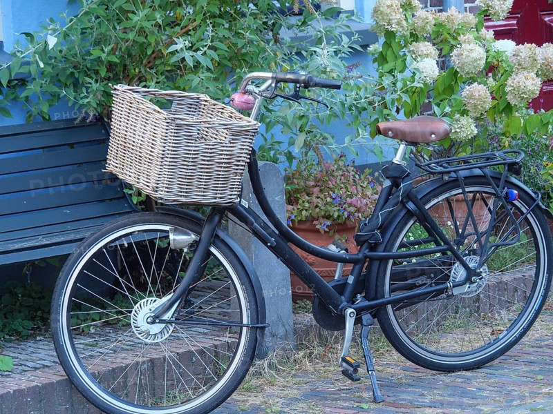 A bicycle with a basket stands next to a bench, surrounded by plants, Doesburg, Netherlands