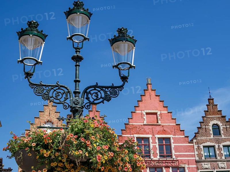 Lamp post with hanging flowers in the foreground, behind it historic brick houses with curved gables under a blue sky, Bruges, Belgium, Europe