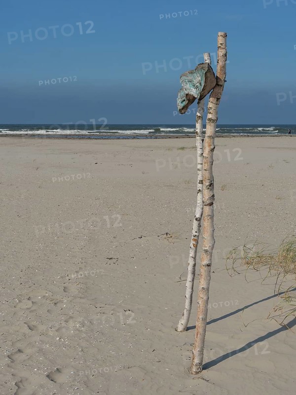 Beach with wooden poles and flag in the sand, sea in the background, blue sky, juist, east frisia, germany