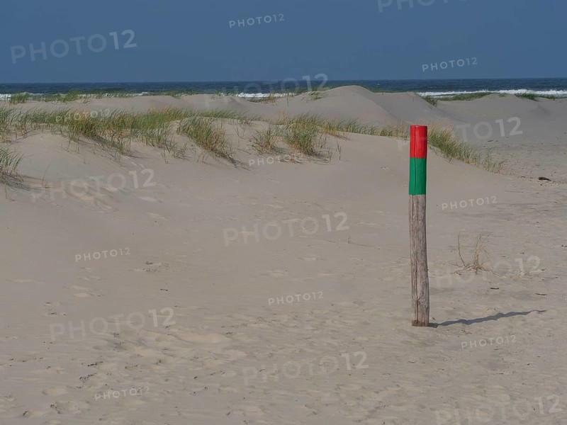 Sand dunes with waist-high dune grass and marked post near the beach under a blue sky, juist, east frisia, germany