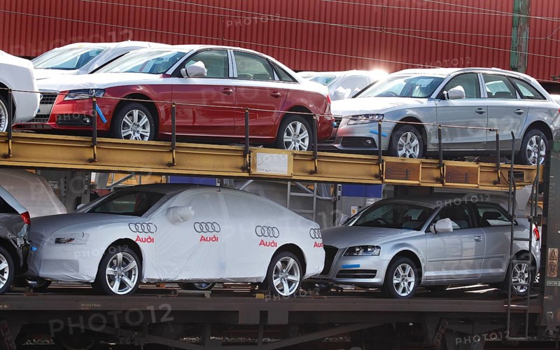 Bremerhaven, 29/09/2010 A goods train loaded with new Audi vehicles in Bremerhaven. The vehicles are loaded onto special ships for export, Bremerhaven, Germany, Europe