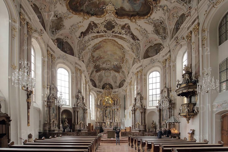 Interior view of baroque Augustinian church, magnificent, ceiling fresco, arts and crafts, historic city centre, Mainz, Rhine-Hesse region, Rhineland-Palatinate, Germany, Europe