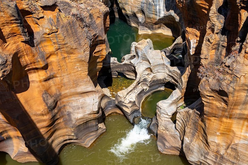Eroded rock formations, canyon with steep orange-coloured rock cliffs with the Blyde River, Bourke's Luck Potholes, Panorama Route, Mpumalanga, South Africa, Africa