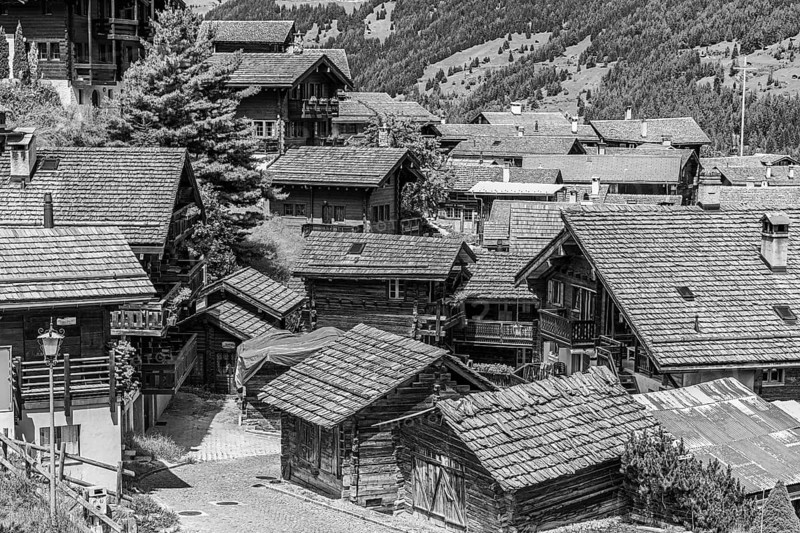 Old wooden houses with wooden shingle roofs, historic centre of Grimentz, black and white photo, Val d'Anniviers, Valais Alps, Canton Valais, Switzerland, Europe