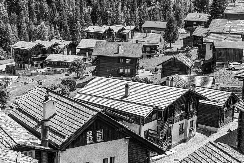 Wooden houses with wooden shingle roofs, black and white photograph, Grimentz, Val d'Anniviers, Valais Alps, Canton Valais, Switzerland, Europe