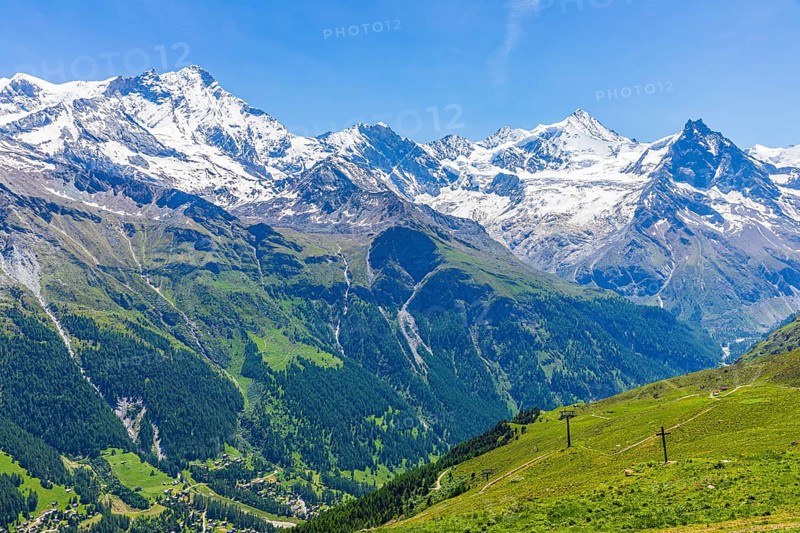Alpine meadows at the summit of Corne de Sorebois, with the snow-covered peaks of Weisshorn, Bishorn, Zinalrothorn and Obergabelhorn in the background, Val d'Anniviers, Valais Alps, Canton Valais, Switzerland, Europe