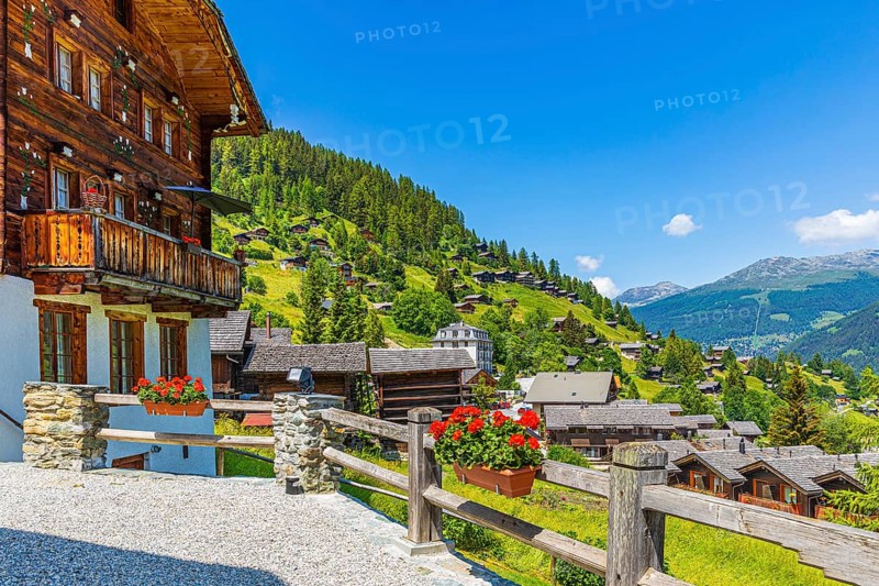 Old wooden house with terrace, view of Grimentz, Val d'Anniviers, Valais Alps, Canton Valais, Switzerland, Europe