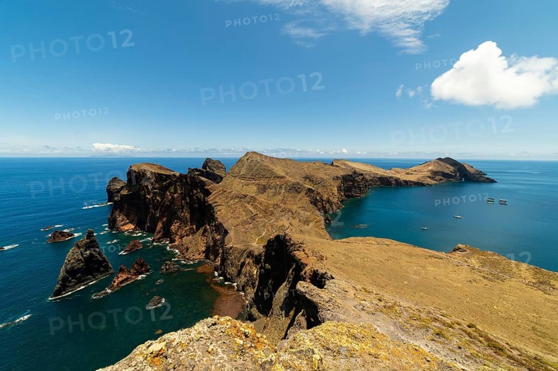 Sao Lourence Eastern Part of Madeira Island on Sunny Day. Abismo Viewpoint. Cliffs, Mountains and Ocean. Portugal. Ultra Wide Angle Shot