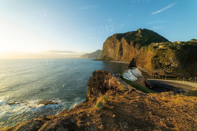 Penha d'Aguia Mountain, Faial Town and Atlantic Ocean in the Morning. Guindaste Viewpoint. Madeira, Portugal, Europe