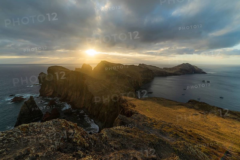 Sao Lourence Eastern Part of Madeira Island at Sunrise. Abismo Viewpoint. Cliffs, Mountains and Ocean. Portugal. Ultra Wide Angle Shot