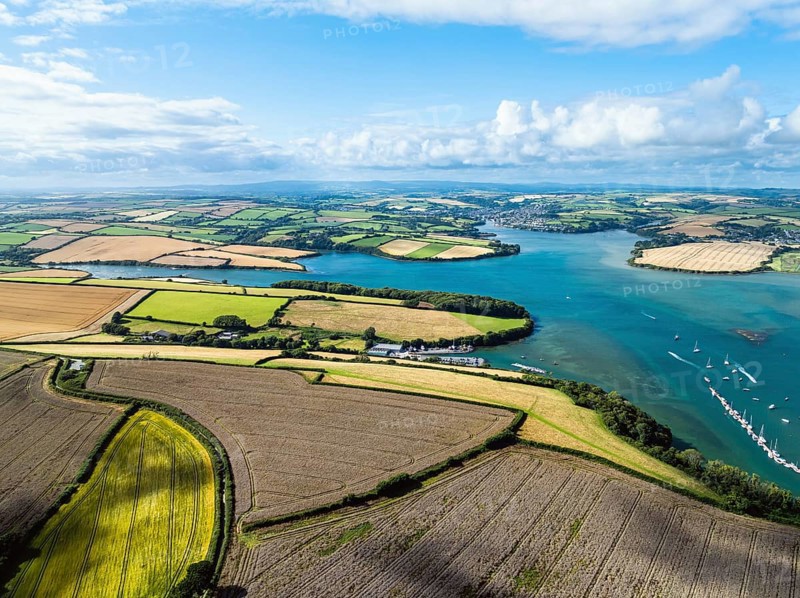 Salcombe and Mill Bay over Kingsbridge Estuary from a drone, Batson Creek, Southpool Creek, Devon, England, United Kingdom, Europe