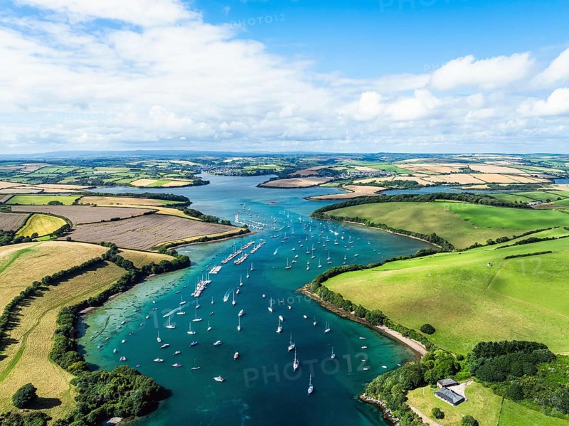 Salcombe and Mill Bay over Kingsbridge Estuary from a drone, Batson Creek, Southpool Creek, Devon, England, United Kingdom, Europe