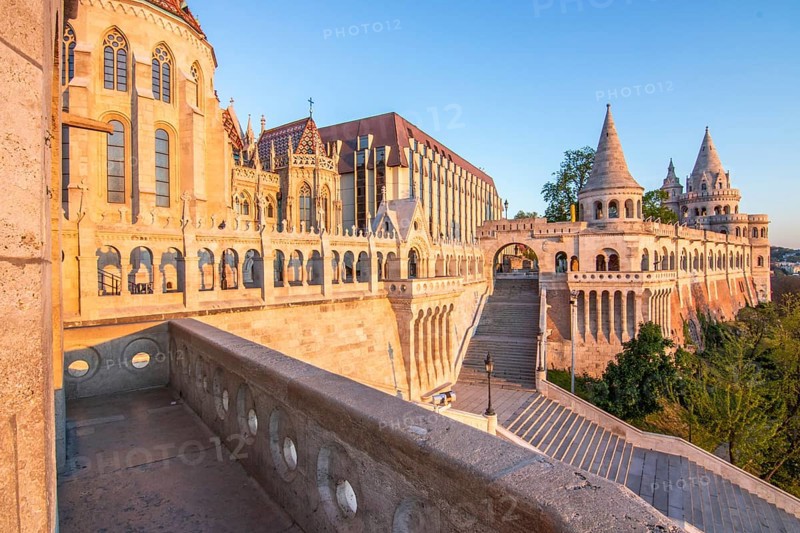 Old historic fortress and church at sunrise. City panorama at dusk. View of the Danube Fishermen's Bastion, Halaszbastya, Budapest, Hungary, Europe