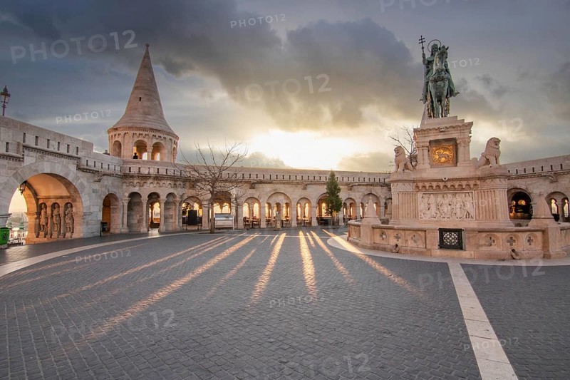 Old historic fortress and church at sunrise. City panorama at dusk. View of the Danube Fishermen's Bastion, Halaszbastya, Budapest, Hungary, Europe