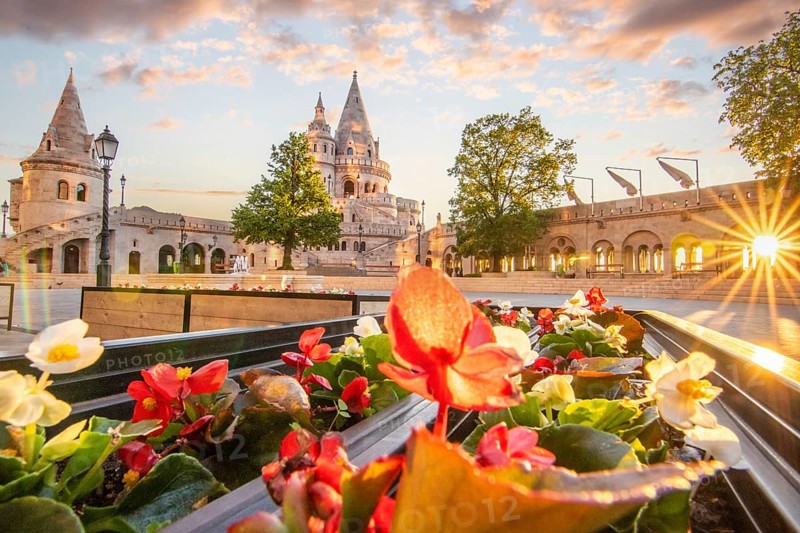 Old historic fortress and church at sunrise. City panorama at dusk. View of the Danube Fishermen's Bastion, Halaszbastya, Budapest, Hungary, Europe
