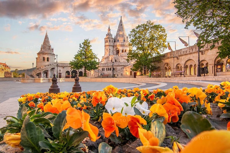 Old historic fortress and church at sunrise. City panorama at dusk. View of the Danube Fishermen's Bastion, Halaszbastya, Budapest, Hungary, Europe
