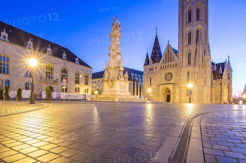 Old historic fortress and church at sunrise. City panorama at dusk. View of the Danube Fishermen's Bastion, Halaszbastya, Budapest, Hungary, Europe