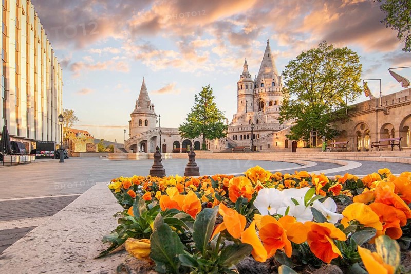 Old historic fortress and church at sunrise. City panorama at dusk. View of the Danube Fishermen's Bastion, Halaszbastya, Budapest, Hungary, Europe