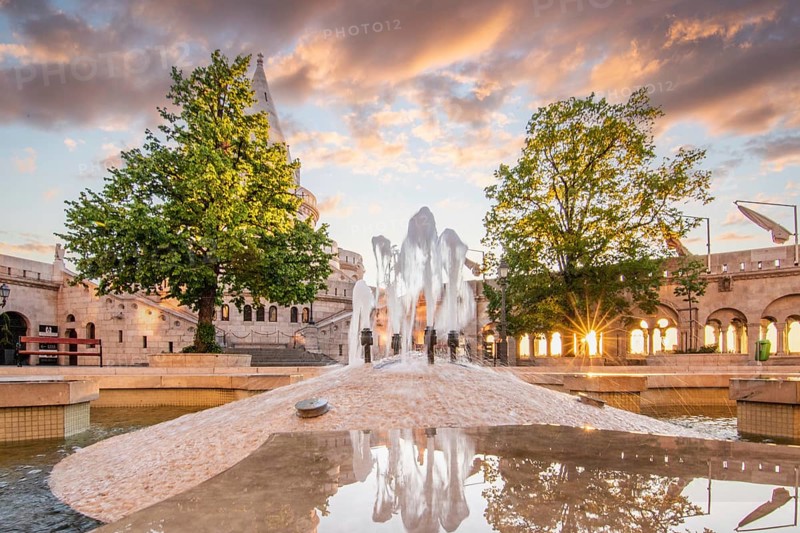 Old historic fortress and church at sunrise. City panorama at dusk. View of the Danube Fishermen's Bastion, Halaszbastya, Budapest, Hungary, Europe