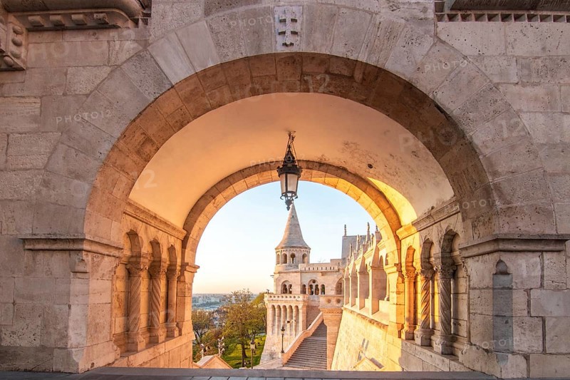 Old historic fortress and church at sunrise. City panorama at dusk. View of the Danube Fishermen's Bastion, Halaszbastya, Budapest, Hungary, Europe