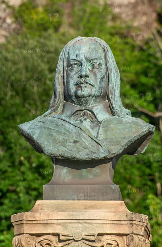 Bust of Per Brahe (1602, 1680) in the square in Gränna. Swedish count and builder of Brahehus, Jönköping Municipality, Smaland County, Sweden, Scandinavia, Europe