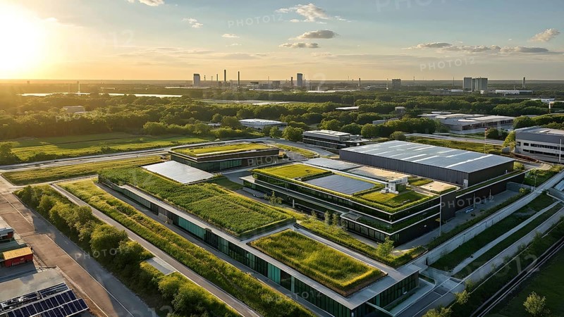 Aerial view showcasing a green factory symbolizing green washing concept, AI genrated, AI generated