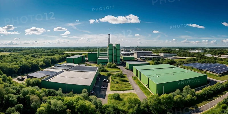 Aerial view showcasing a green factory symbolizing green washing concept, AI genrated, AI generated