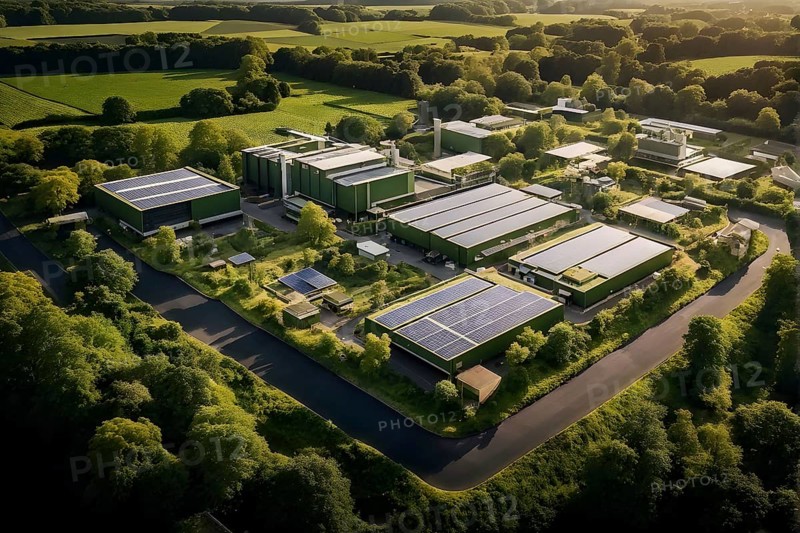 Aerial view showcasing a green factory symbolizing green washing concept, AI genrated, AI generated