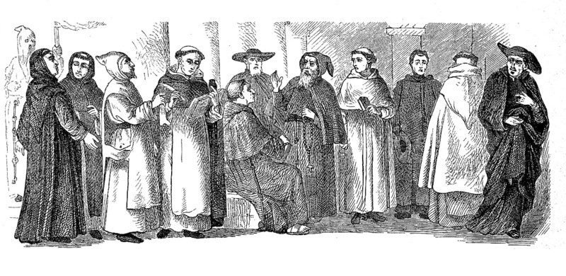 Religious costumes in the year 1880, from left: white bustle in Rome, Benedictines, Cistercians, Carthusians, Dominicans, Franciscans, Augustinians, Capuchins, Premonstratensians, Merciful Friars, Carmelites, Jesuits, Historical, digital reproduction of an original from the 19th century