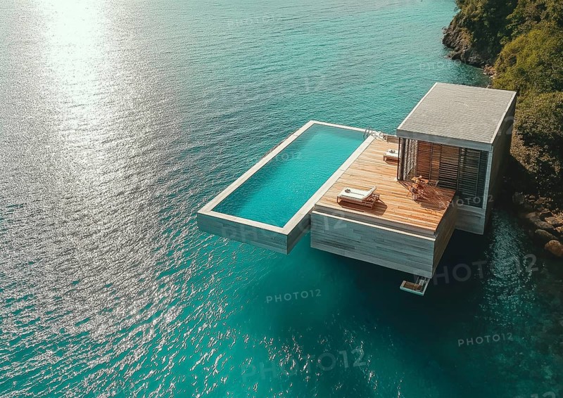 Modern house with an infinity pool extending over the ocean, featuring a wooden deck and surrounded by trees, promoting relaxation, AI generated
