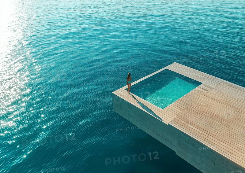 A woman stands alone at an infinity pool overlooking the ocean, creating a sense of peaceful solitude and luxury, AI generated