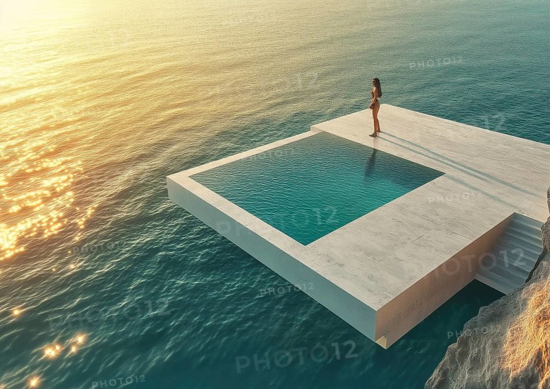 A woman gazes at the horizon while standing by an infinity pool during sunset, evoking a serene and luxurious feeling, AI generated