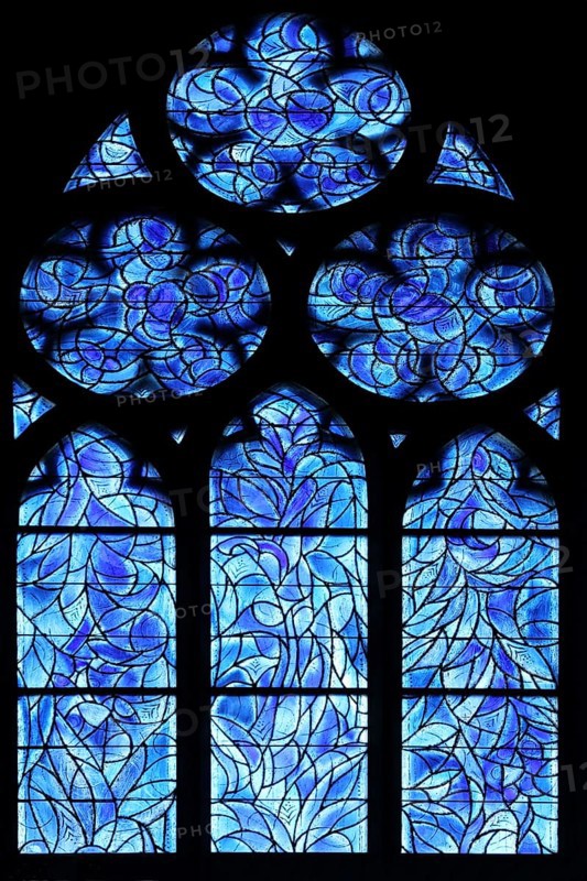 Blue church windows by Charles Marq, pupil of Marc Chagall, monochrome, blue, black, silhouette, interior view, arts and crafts, St. Stephan, Old Town, Mainz, Rhine-Hesse region, Rhineland-Palatinate, Germany, Europe