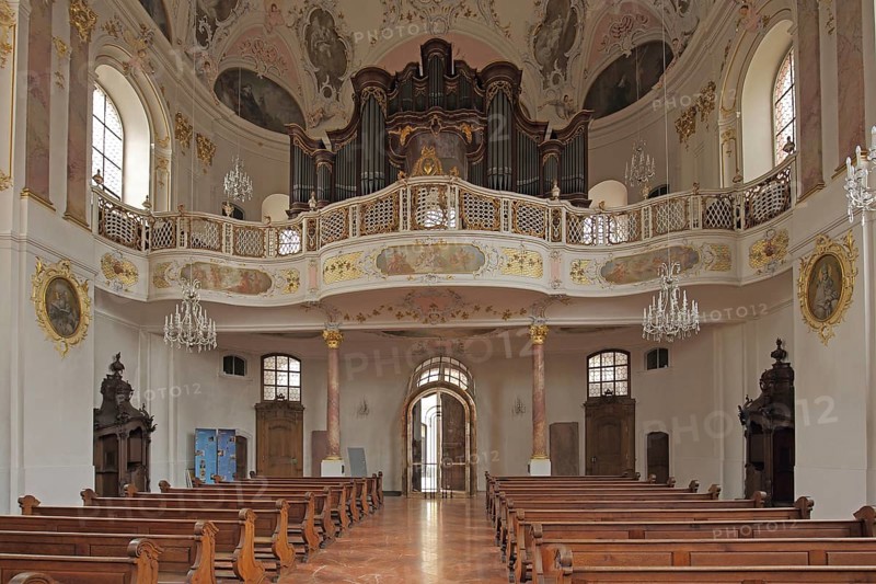 Organ of baroque Augustinian church, interior view, magnificent, ceiling fresco, arts and crafts, historic city centre, Mainz, Rhine-Hesse region, Rhineland-Palatinate, Germany, Europe